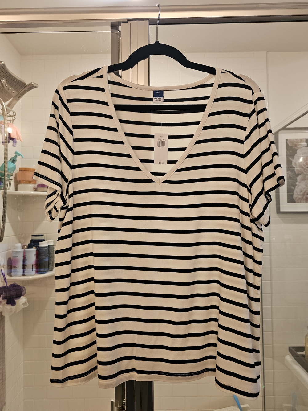 Old Navy Black & White Striped V-Neck Tee